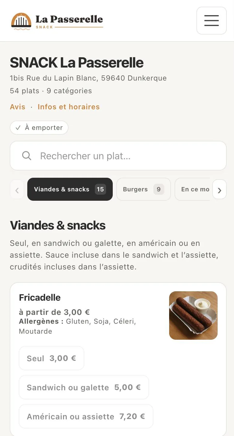 Die Website von SNACK La Passerelle auf einem Smartphone: die Online-Speisekarte